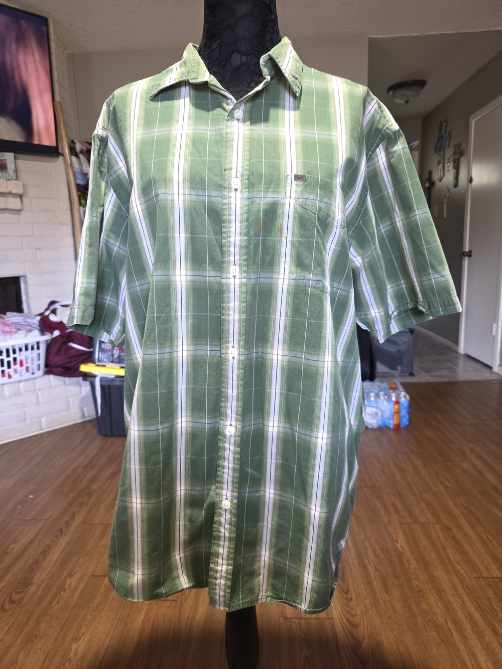Nautica Green and White Plaid Short-Sleeve Button-Down Shirt